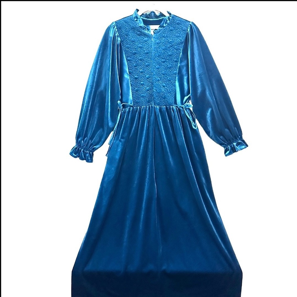 Brandywine Vintage M Teal Velvet Quilted Bib Maxi Housecoat Loungewear Robe